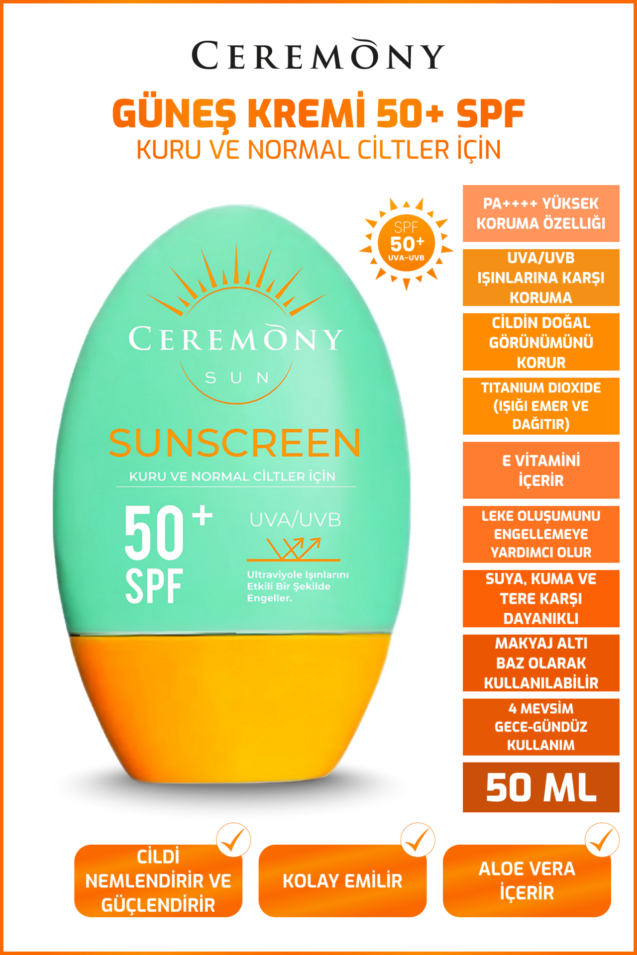 .Ceremony Uva-uvb Yüksek Koruma Doğal Görünümlü Hızlı Emilen 50 Spf Güneş Kremi Kuru Ve Normal Ciltler 50ml