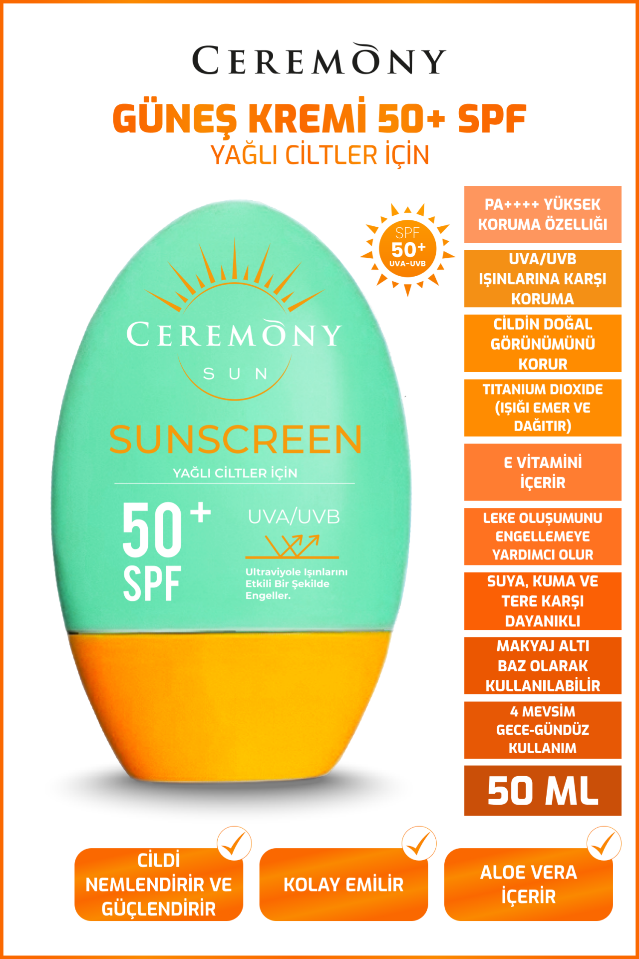 .Ceremony Uva-uvb Yüksek Koruma Doğal Görünümlü Hızlı Emilen 50 Spf Güneş Kremi Yağlı Ciltler 50ml
