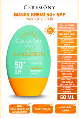 .Ceremony Uva-uvb Yüksek Koruma Doğal Görünümlü Hızlı Emilen 50 Spf Güneş Kremi Yağlı Ciltler 50ml