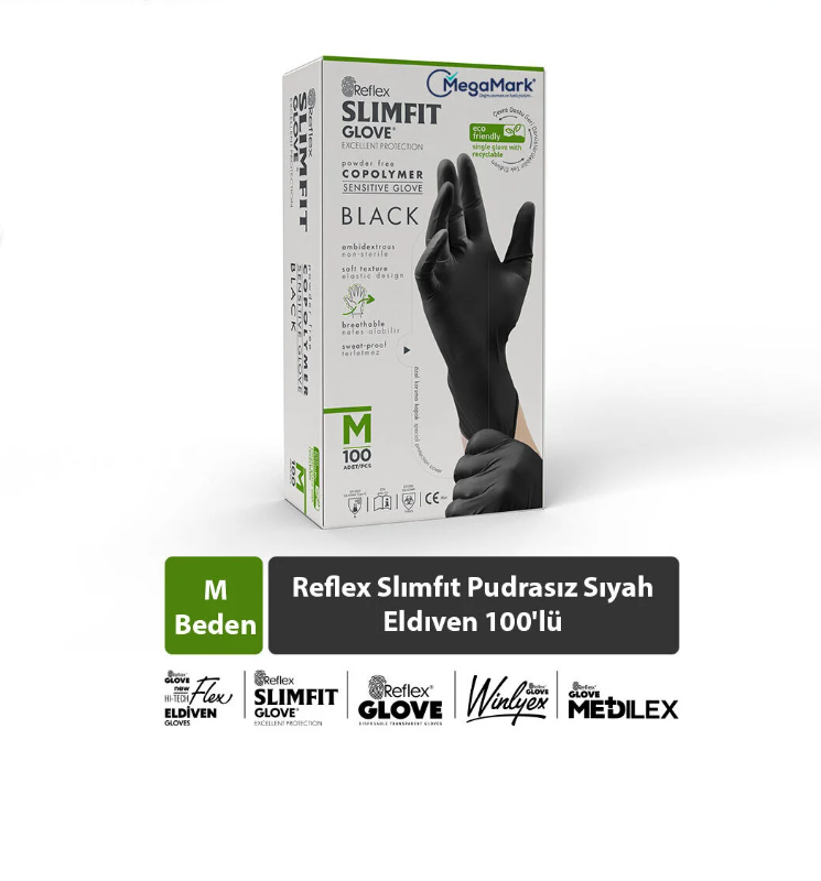 Reflex Pudrasız Muayene Eldiveni Siyah M 100'lü