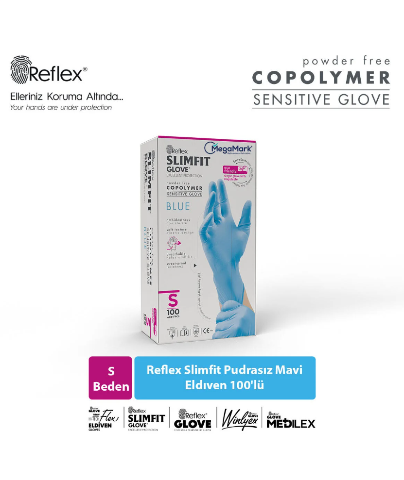 Reflex Pudrasız Muayene Eldiveni Mavi S 100 'lü
