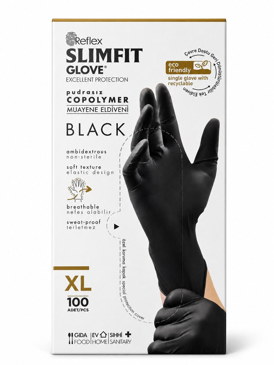 Reflex Pudrasız Muayene Eldiveni Siyah XL 100 'lü