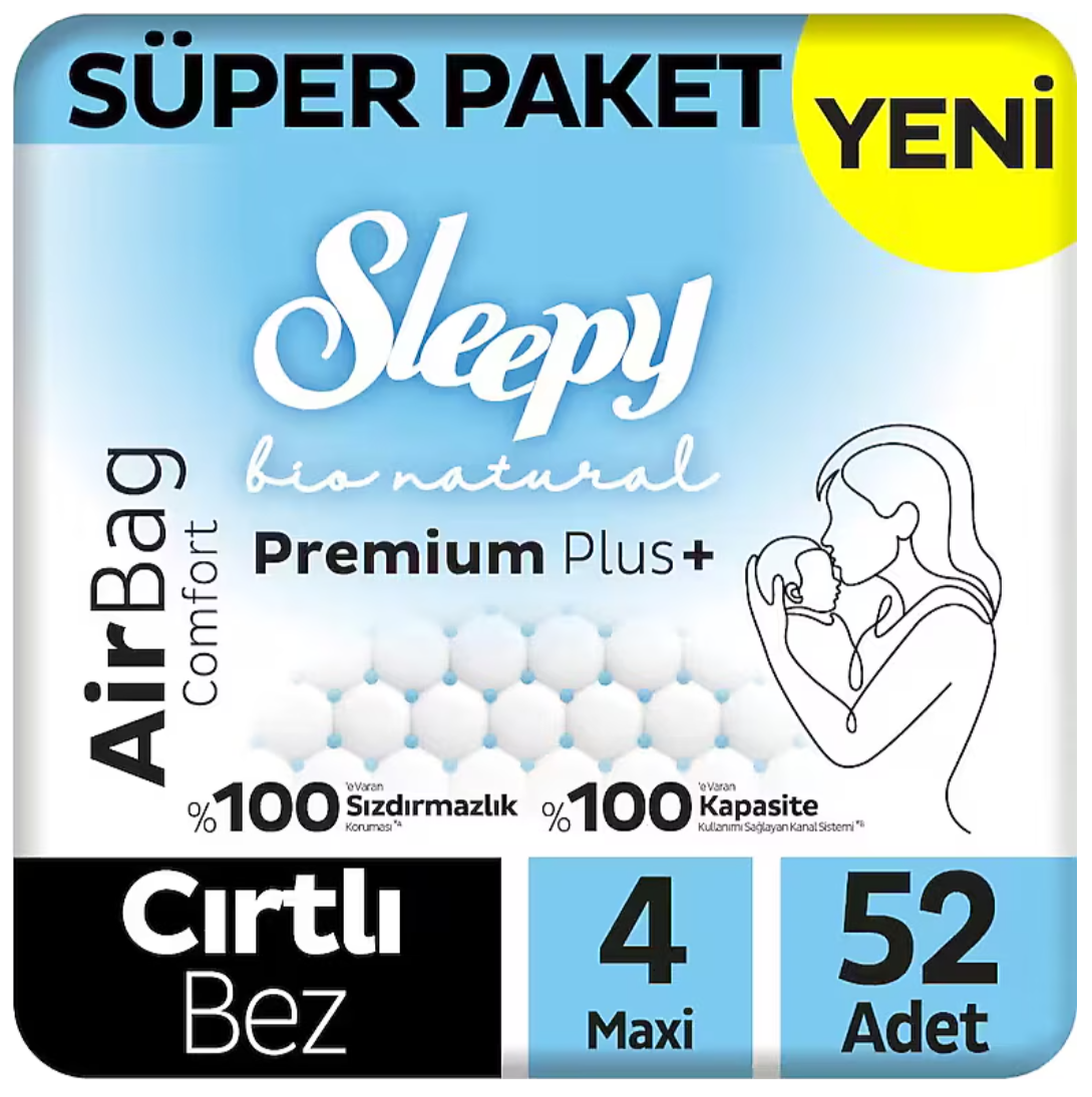 Sleepy Bio Natural Premium Plus Airbag Comfort 4 Numara Maxi 52'li Bebek Bezi
