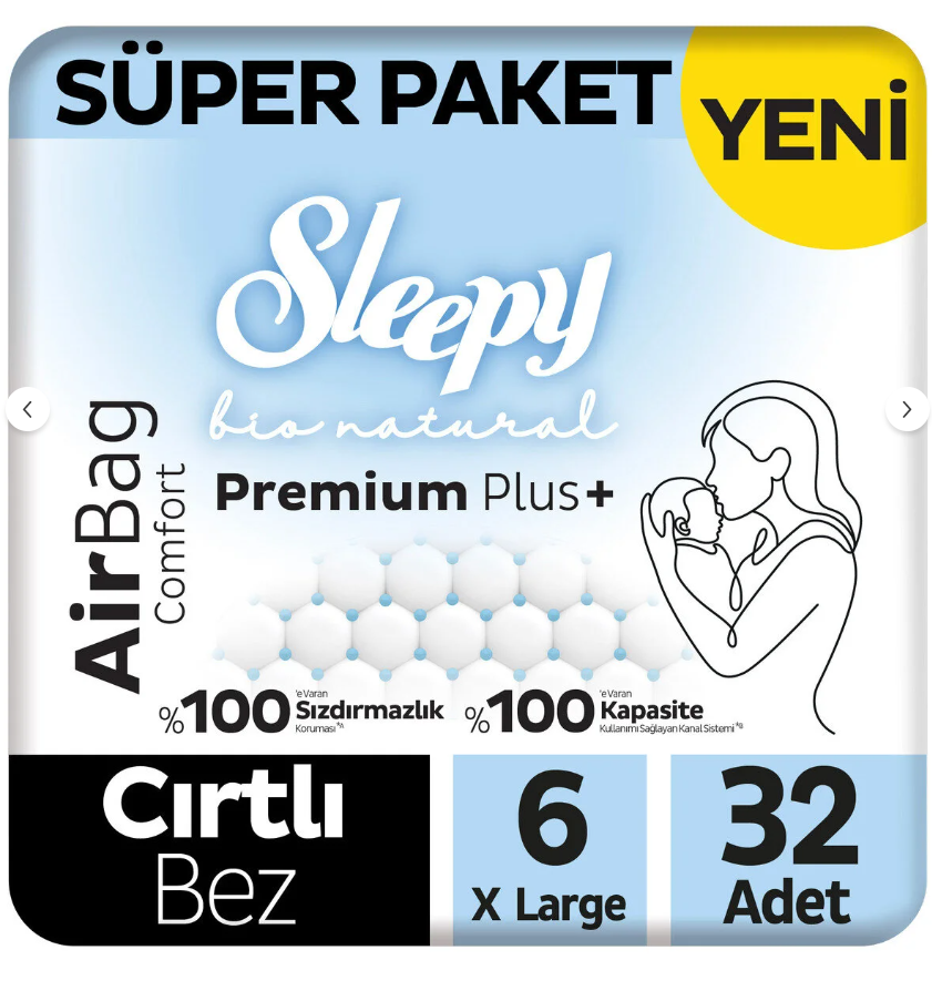 Sleepy Bio Natural Premium Plus Airbag Comfort Süper Paket Bebek Bezi 6 Numara Xlarge 32 Adet