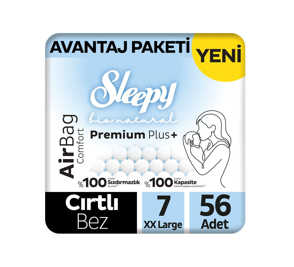 Sleepy Bio Natural Premium Plus Airbag Comfort Avantaj Paketi Bebek Bezi 7 Numara XL 56 Adet