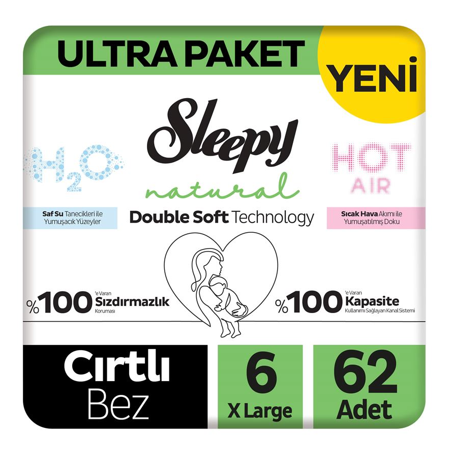 Sleepy Natural Double Soft Ultra Paket Bebek Bezi 6 Numara Xlarge 62 Adet