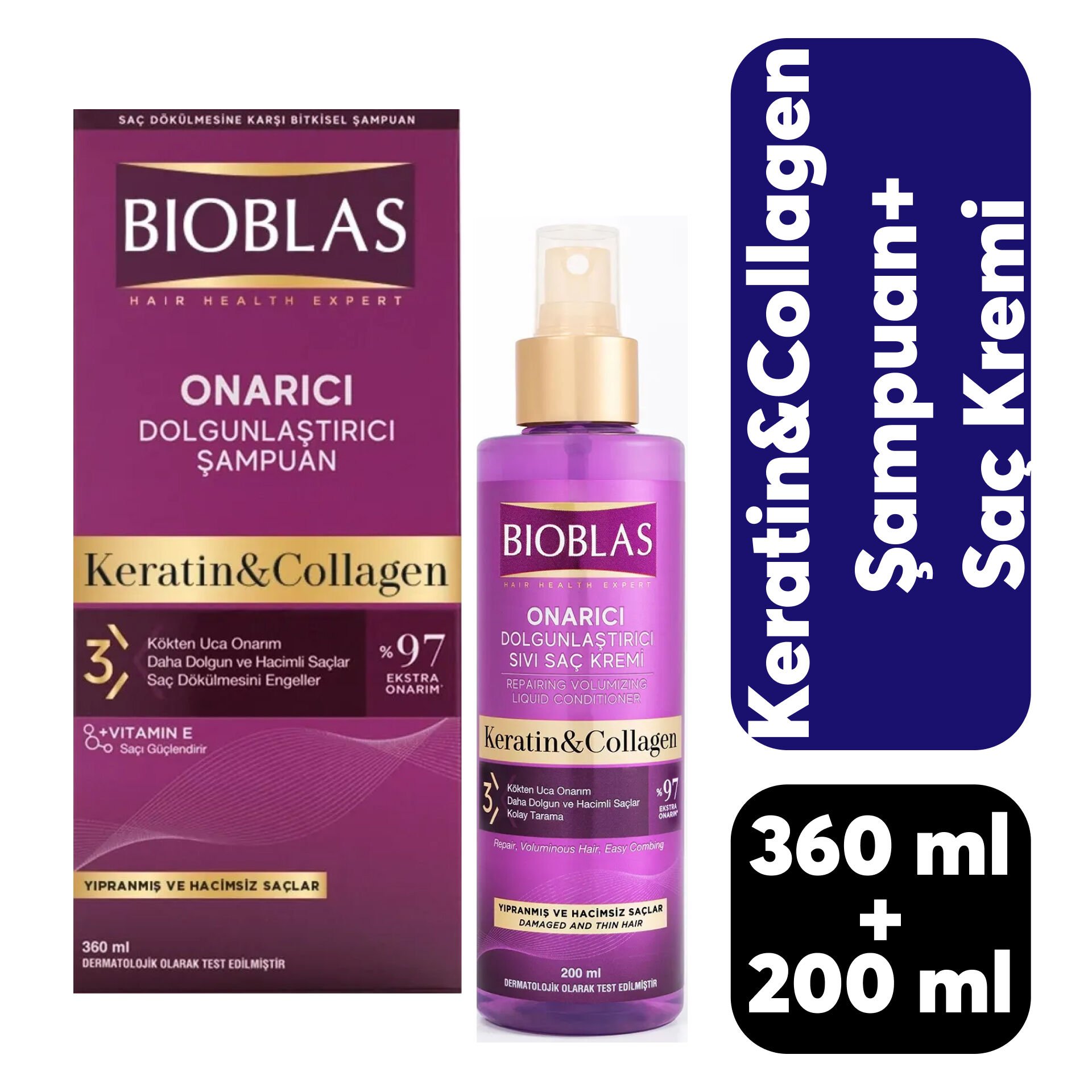 Bioblas Şampuan 360 ml + Sıvı Saç Kremi 200 ml Keratin & Collagen