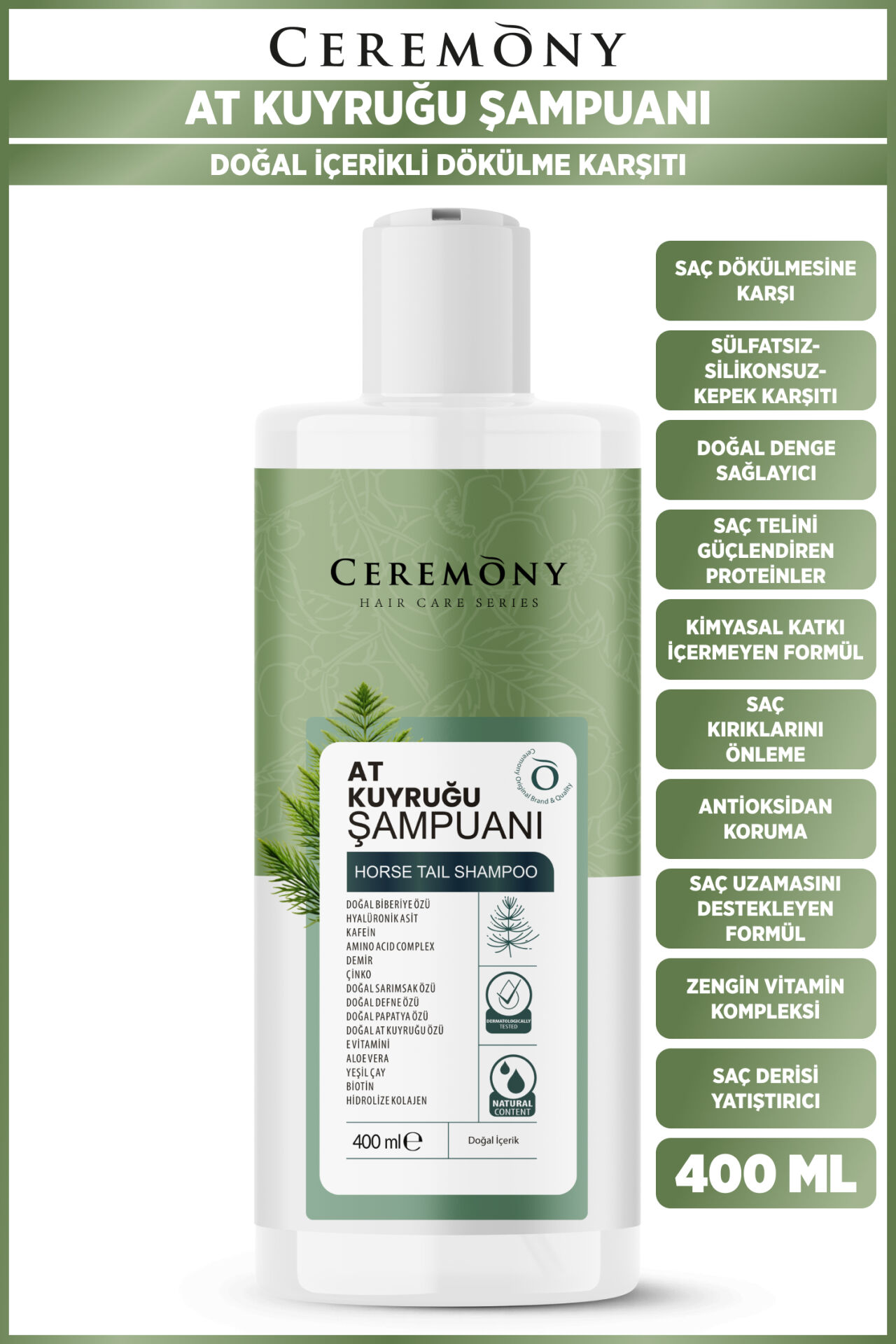 .Ceremony At Kuyruğu, Biberiye ve Hyalüronik İçeren 15 Bileşenli Şampuan 400 Ml