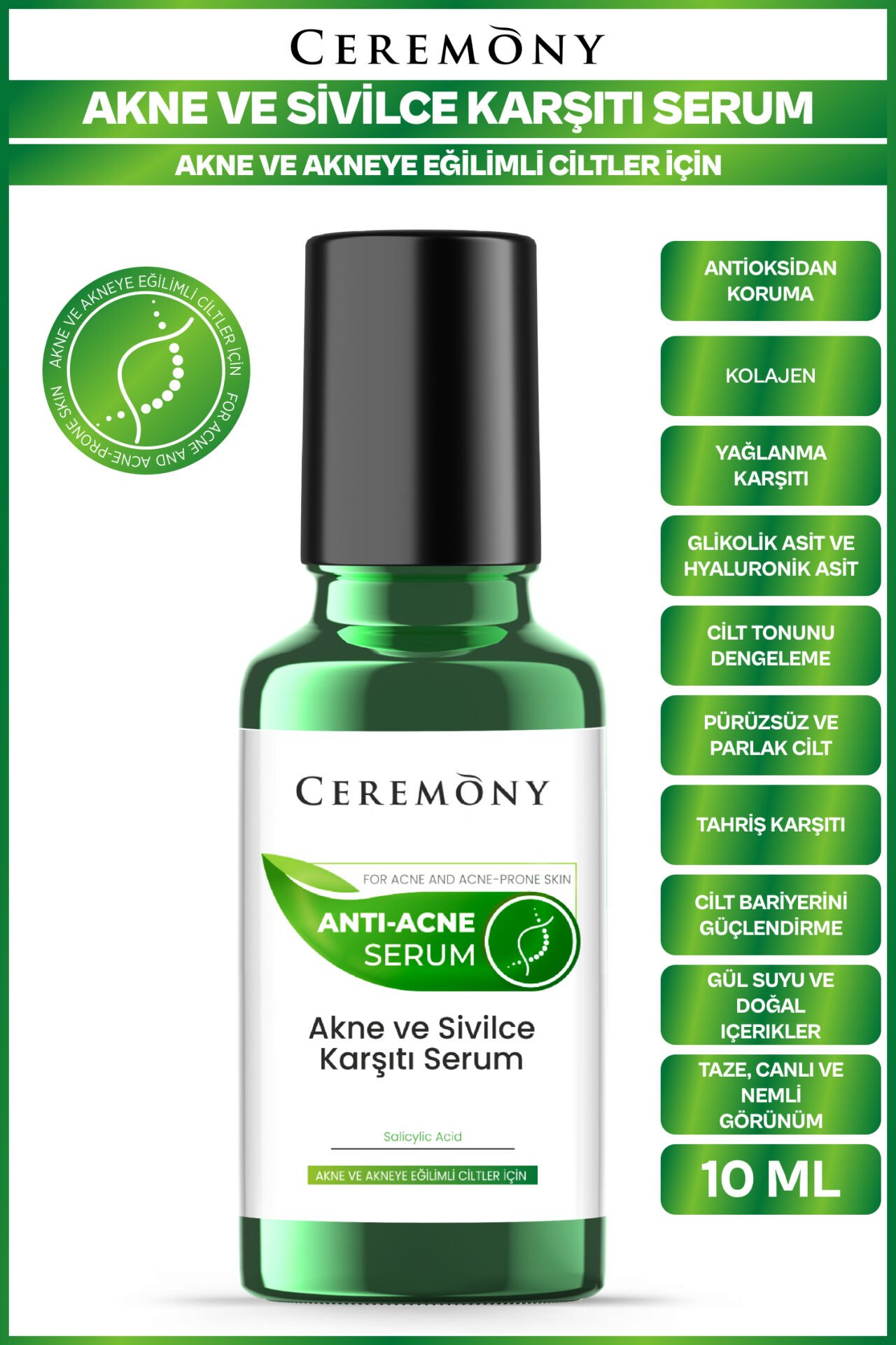 Ceremony Akne ve Sivilce Karşıtı Cilt Bakım Serumu Roll-on 10ml
